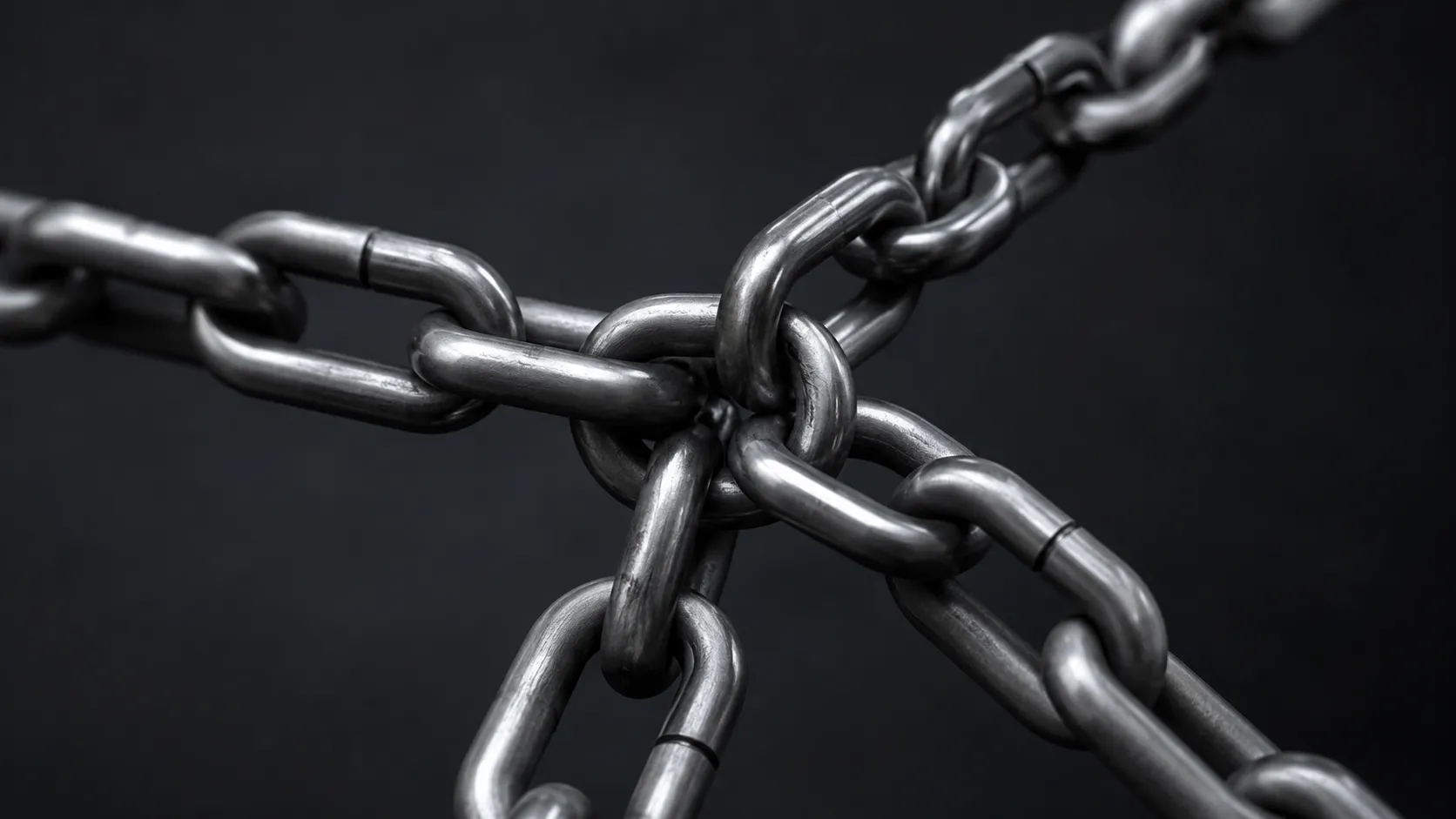 Two steel chains crossing and interlocking against a dark background