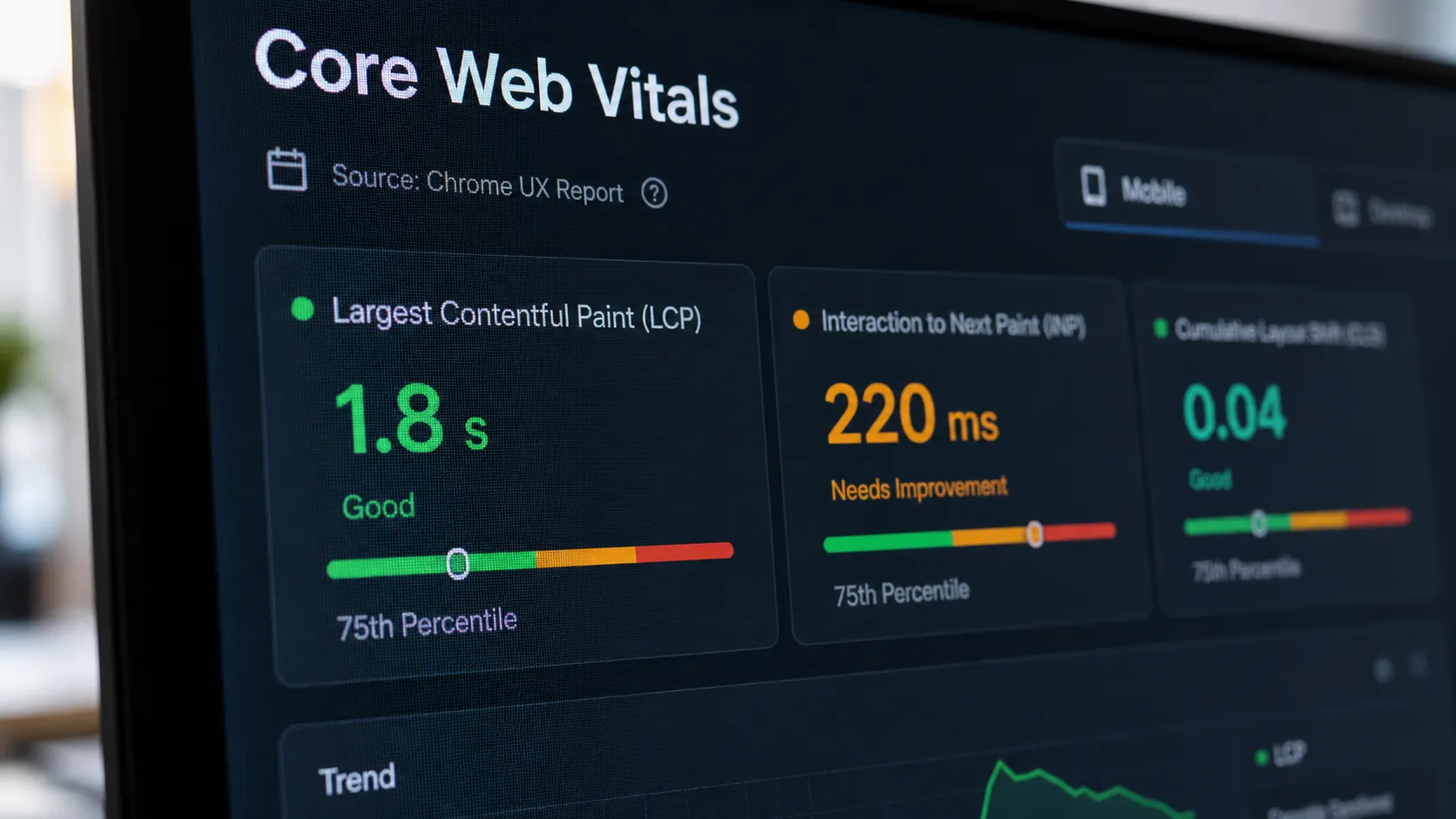 A Core Web Vitals dashboard showing LCP, INP and CLS scores at the 75th percentile