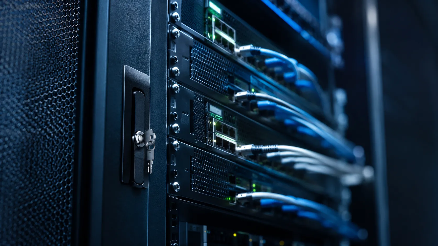 A server rack with patch cables and network ports, the infrastructure a recovery has to rebuild