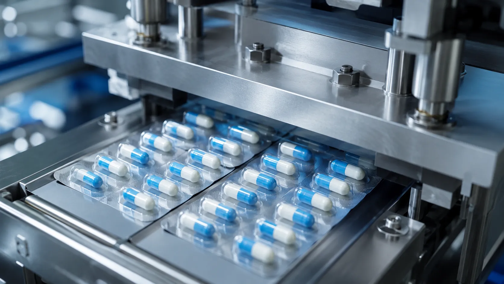 A pharmaceutical blister-pack production line running capsules through a machine