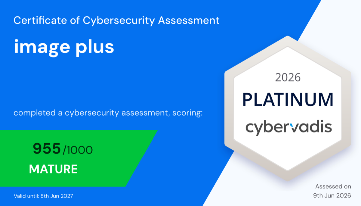 CyberVadis Certificate of Cybersecurity Assessment for Imageplus: 955/1000, Mature, Platinum 2026